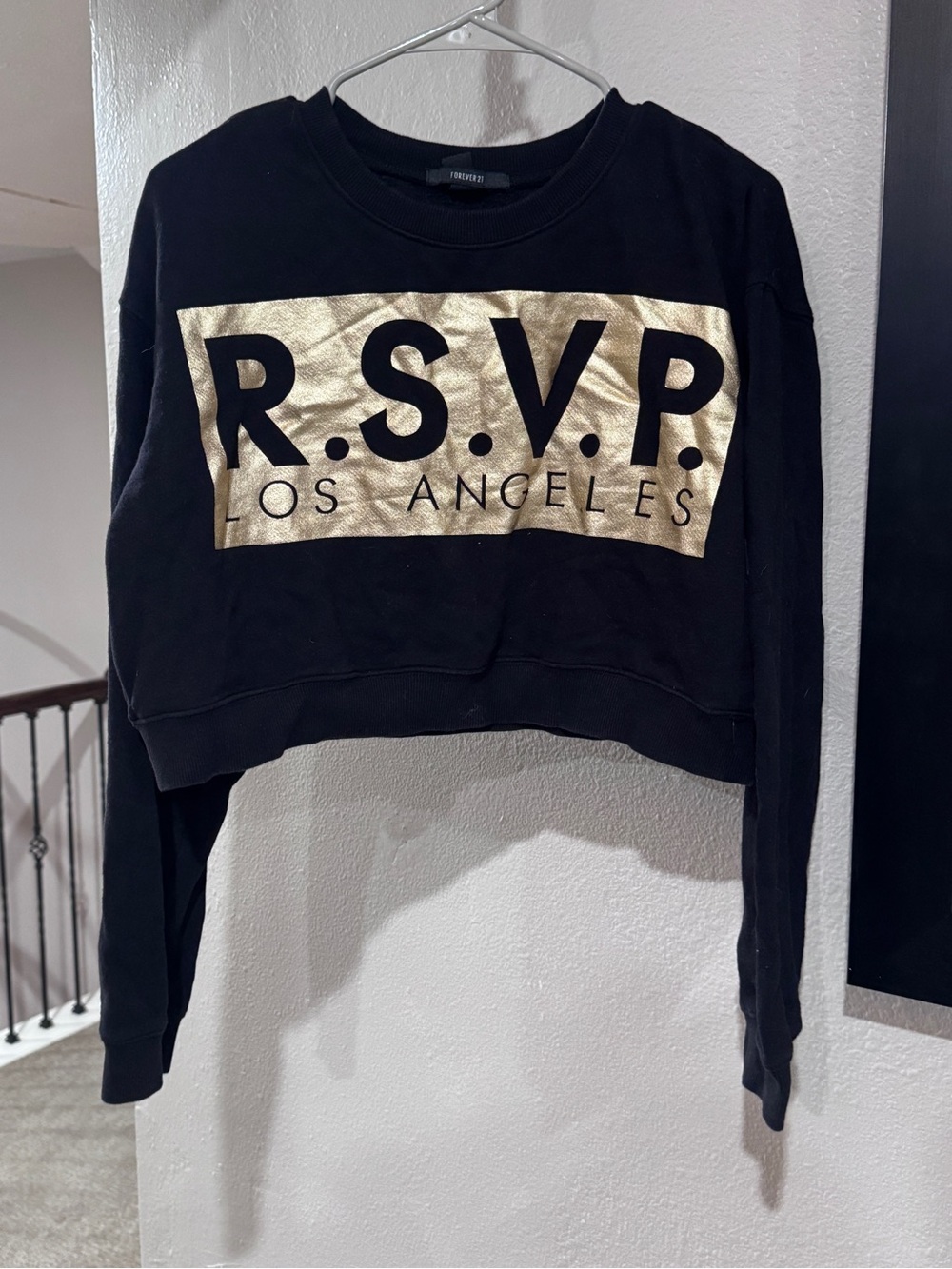 Forever 21 Black Cropped Sweatshirt with Gold Metallic Logo